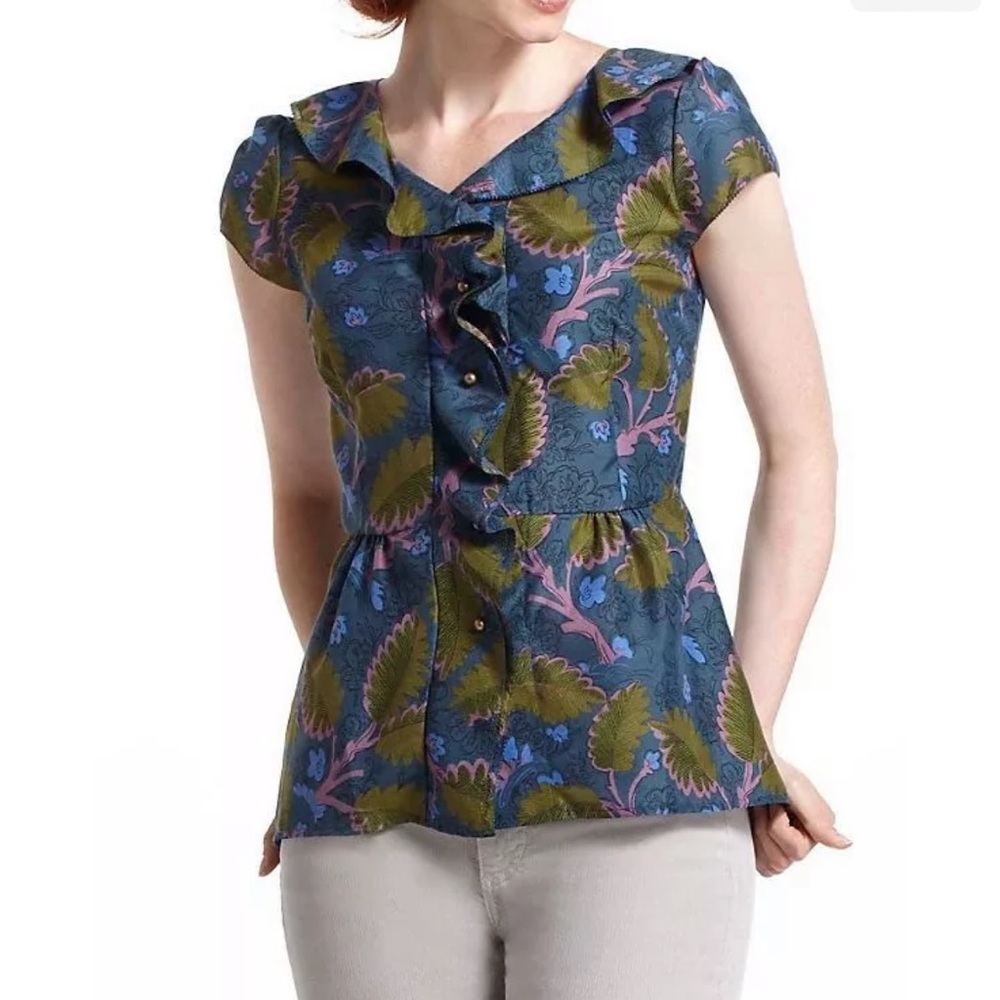 Vanessa Virginia Blue Anthropologie Ruffle Leaf Blouse Silk Cotton Blend Size 2